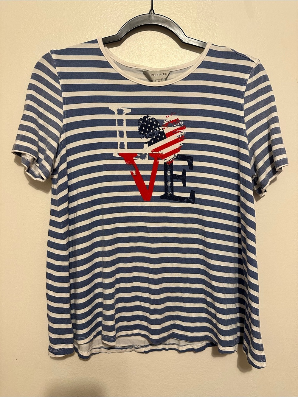 Multiples Women's Blue White Striped Patriotic Love Graphic M T-Shirt